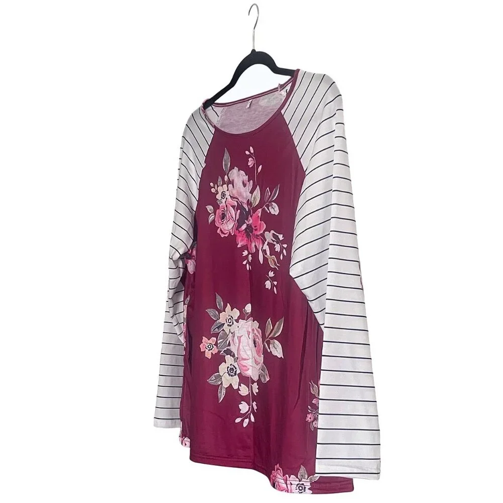 Women's Burgundy Floral Raglan Long Sleeve Top Plus Size T-Shirt Blouse 26W/2XL - Picture 6 of 7